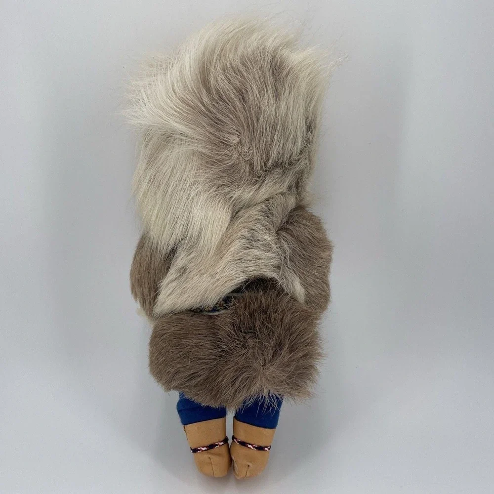 Vintage Inuit Eskimo Doll Faux Fur Parka Moccasins Blue Embroidered Trim 12 Inch